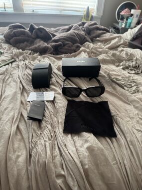 Prada Black Rectangular Sunglasses with Black Case and Cloth